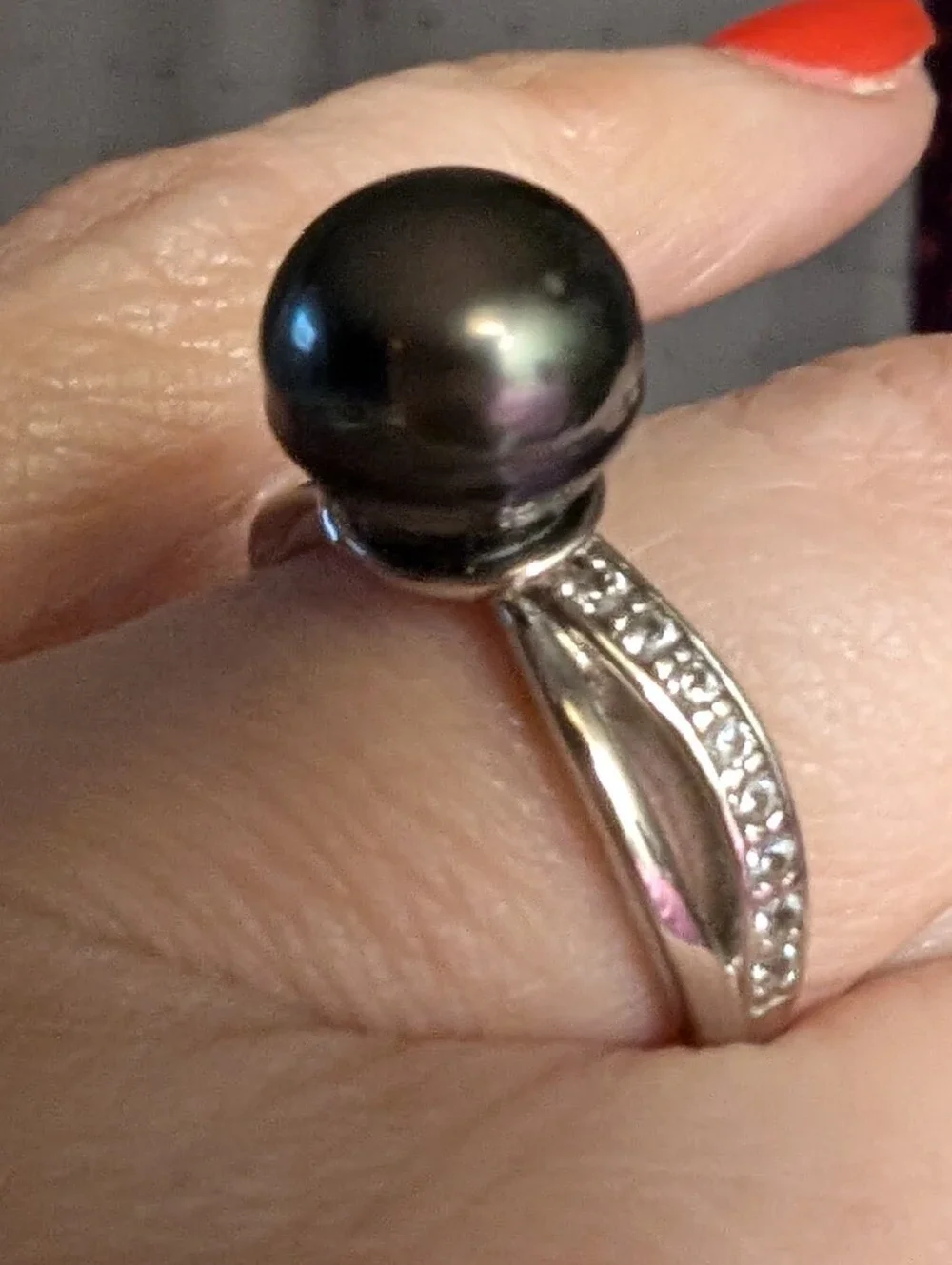 Cultured Black Tahitian Pearl W/ White Zircon Rhodium Over 925 Sterling Ring Sz8
